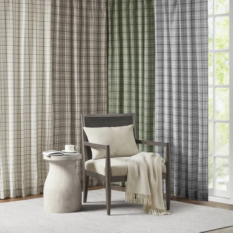Madison Park Anaheim Plaid Faux Leather Tab Top Curtain Panel with Fleece Lining