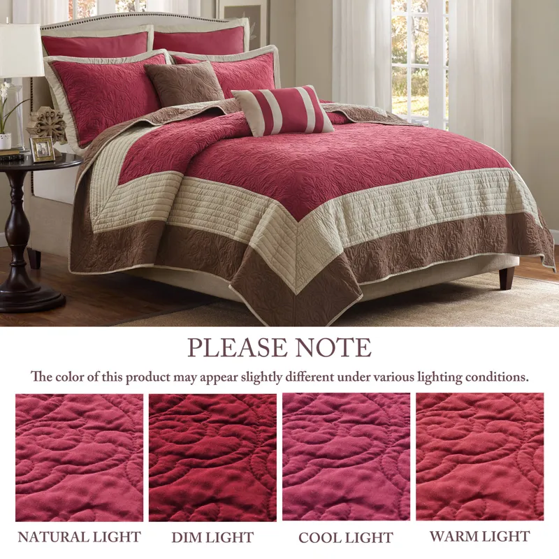 Attingham Full/Queen 7 Piece Quilt Set with Euro Shams and Throw Pillows - Red