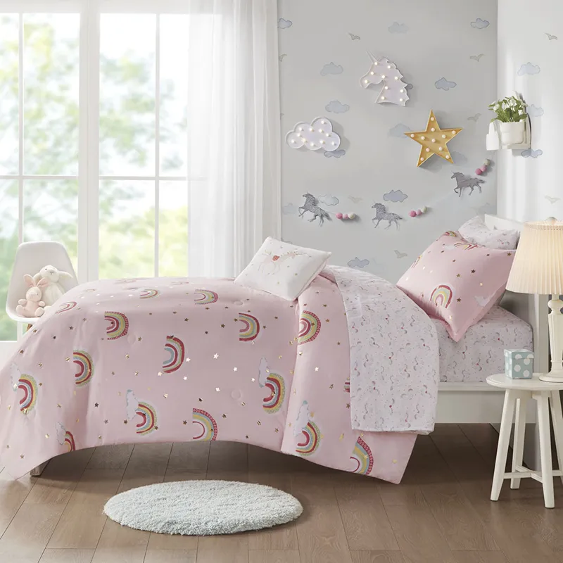 Alicia Twin Rainbow and Metallic Stars Comforter Set with Bed Sheets - Pink