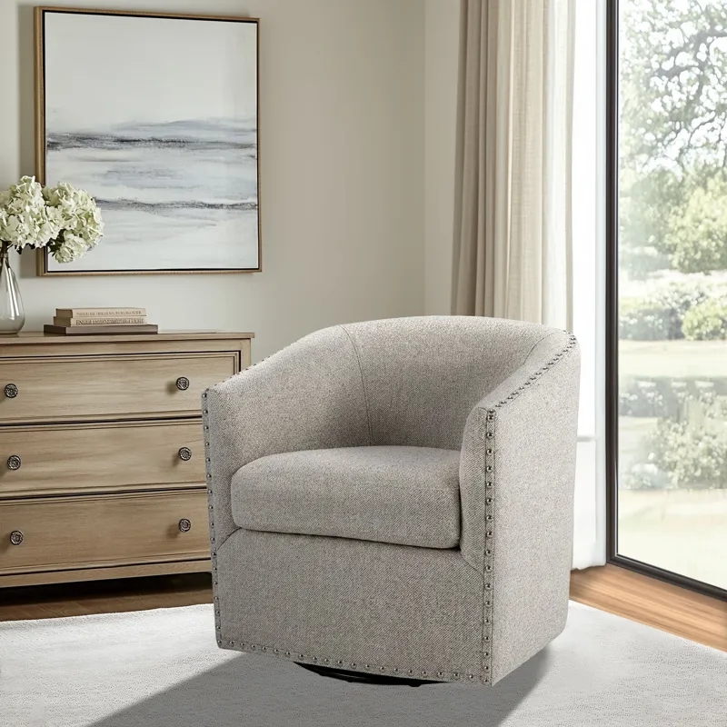 Madison Park Tyler Upholstered Swivel Barrel Chair with Nailheads