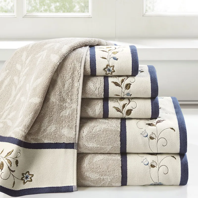 Serene Embroidered Cotton Jacquard 6 Piece Towel Set - Navy