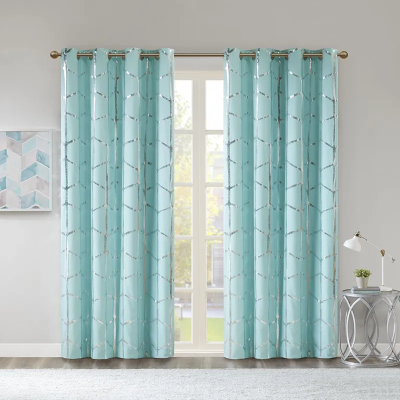 Raina Total Blackout Metallic Print Grommet Top Curtain Panel - Aqua/Silver