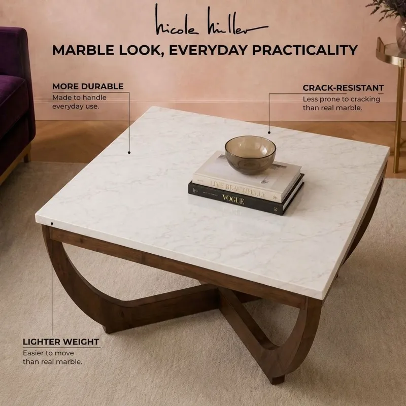 Nicole Miller Calvedra Curve Marble-Look Coffee Table with Curved Walnut Wood Legs - White Marble/Walnut