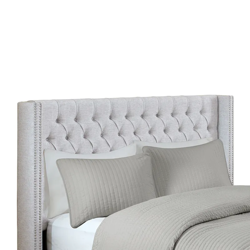 Amelia Queen Upholstered Wingback Headboard with Button Tufting & Nailhead Trim - Grey
