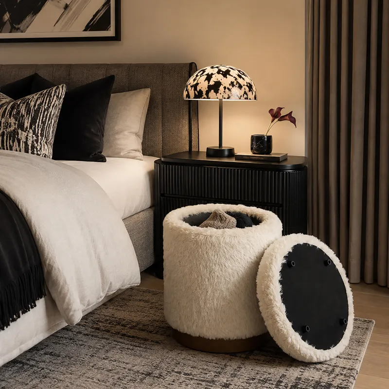 Nicole Miller Frost Faux Fur Round Storage Ottoman with Wood Plinth - Cream