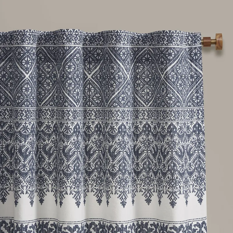 Mila Cotton Printed Curtain Panel with Chenille detail and Lining - Navy