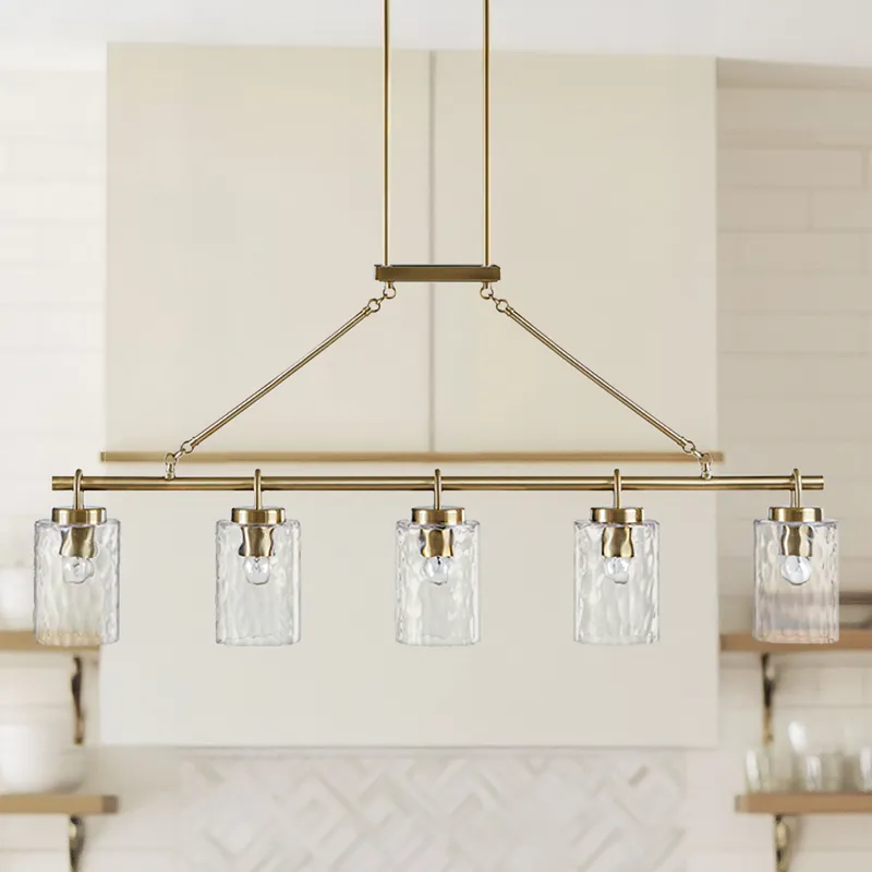 Curiana 5-light Linear Chandelier with Textured Glass Shades - Antique Brass