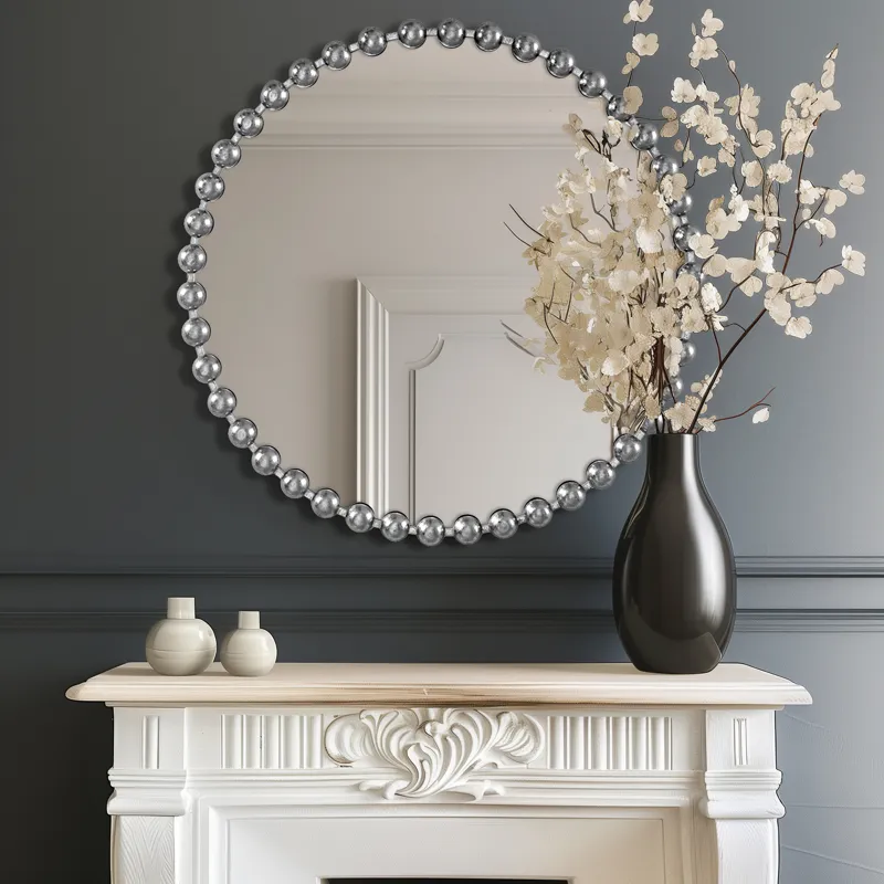 Marlowe 36\" Large Decorative Round Wall Mirror with Beaded Metal Frame - Silver