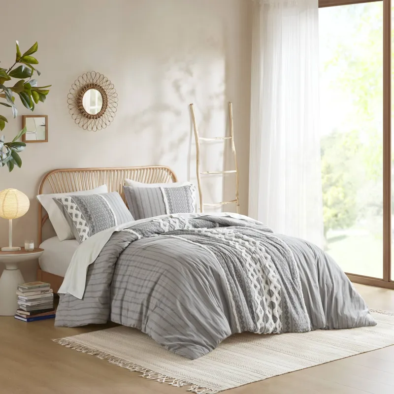 INK+IVY Imani Cotton Printed Duvet Cover Set with Chenille