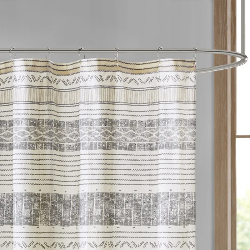 INK+IVY Cody Cotton Stripe Printed Shower Curtain with Tassel - Gray/Yellow