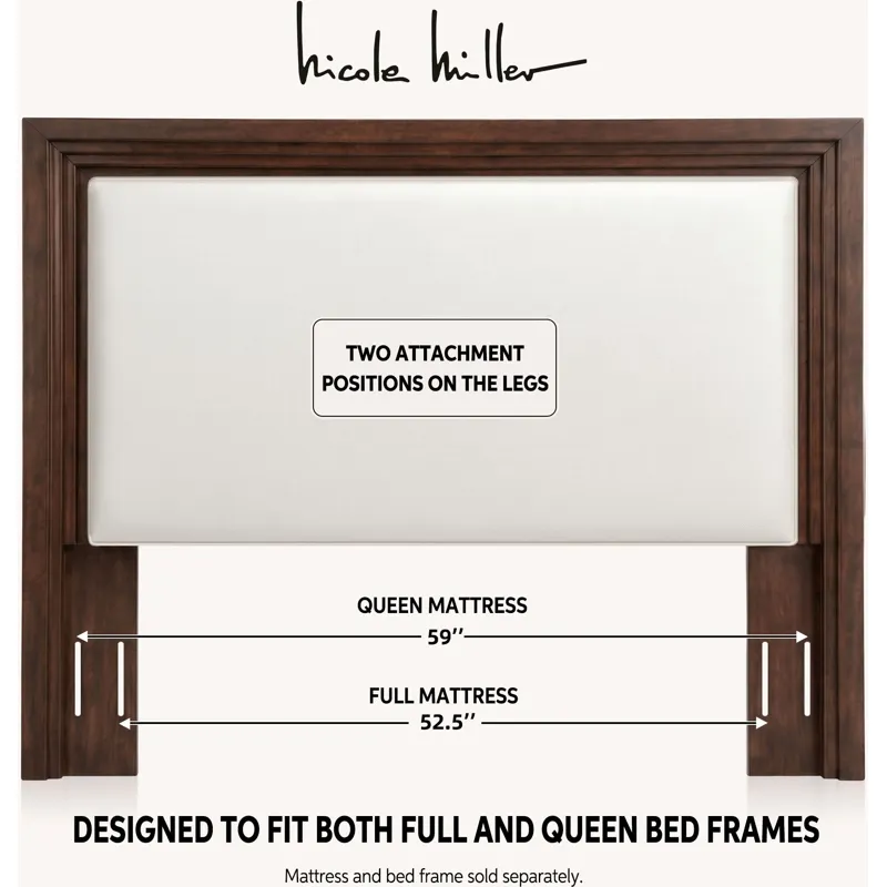 Nicole Miller Bellamy Full/Queen Upholstered Wood Headboard with USB and USB-C charging ports - Full/Queen - Ivory/Walnut