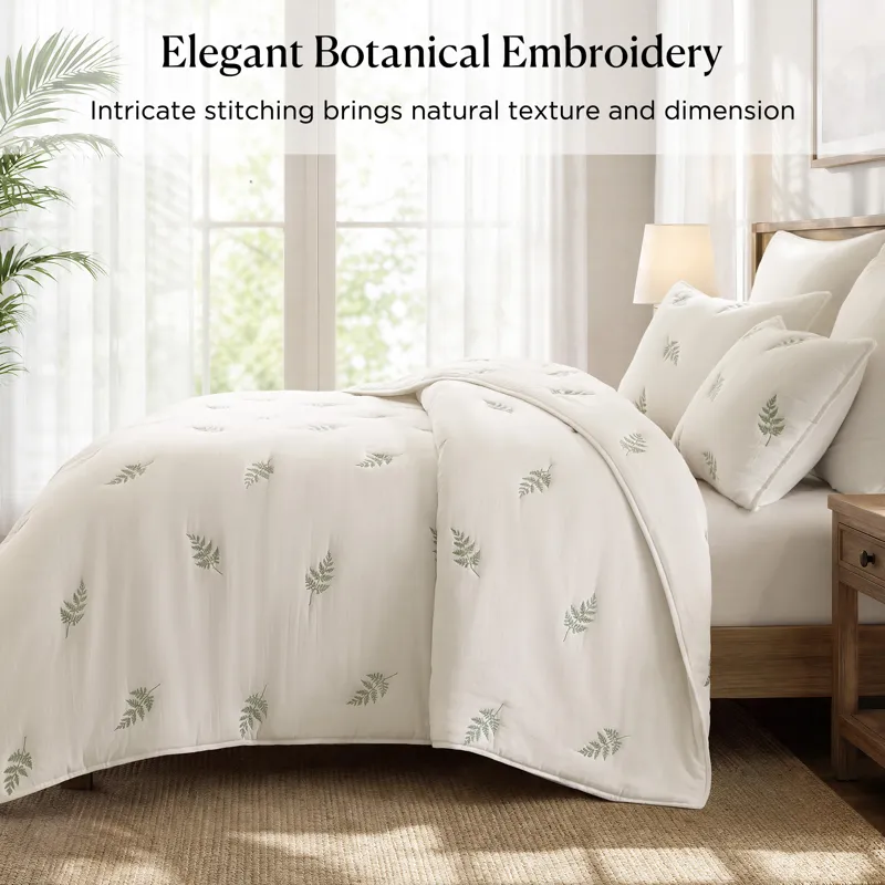 Harbor House Blue Willow Embroidered Botanical 100% Cotton Lightweight 3 Piece Quilt Set