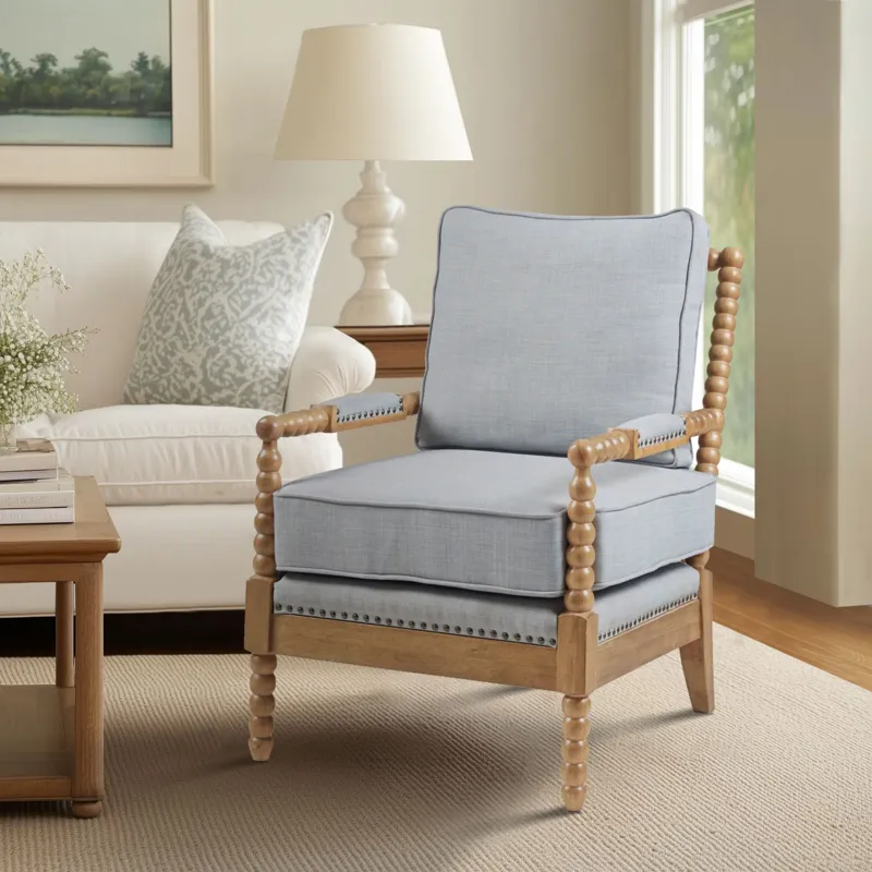 Donohue Turned Wood Frame Armchair - Light Blue/Camel Oak