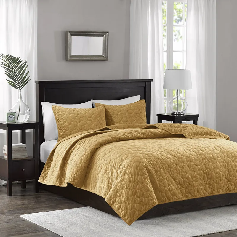 Harper King/California King 3 Piece Velvet Quilt Set - Mustard
