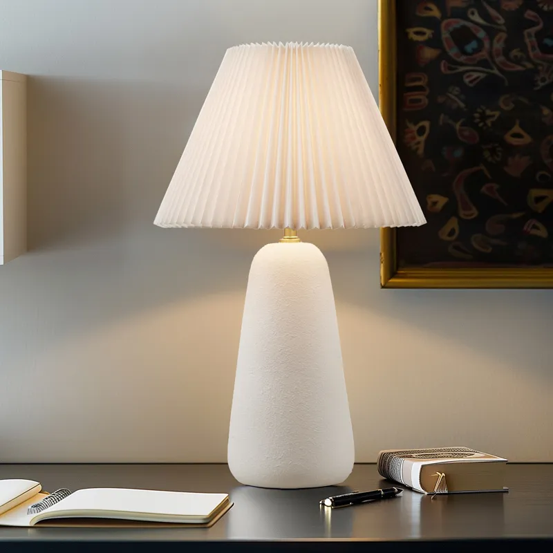 Veluna Textured Ceramic Table Lamp with Fluted Fabric Shade - White