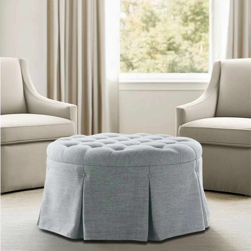 Terri Skirted Tufted 32\" Round Ottoman - Light Blue
