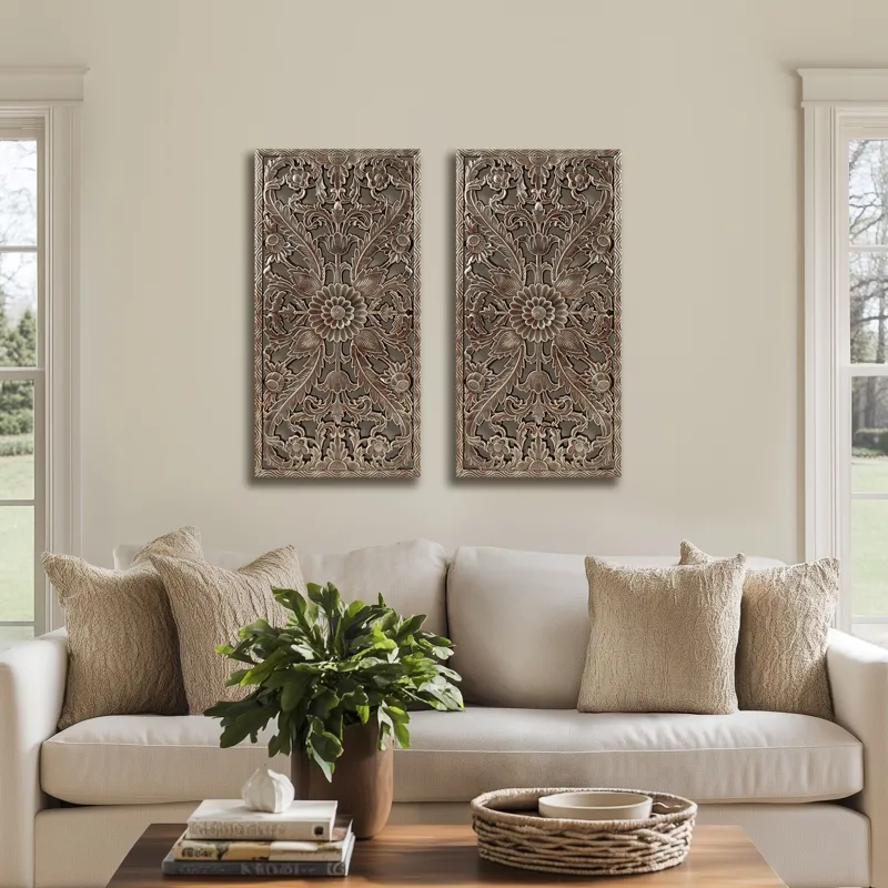 Madison Park Botanical Panel Distressed Carved Wood 2-piece Wall Decor Set