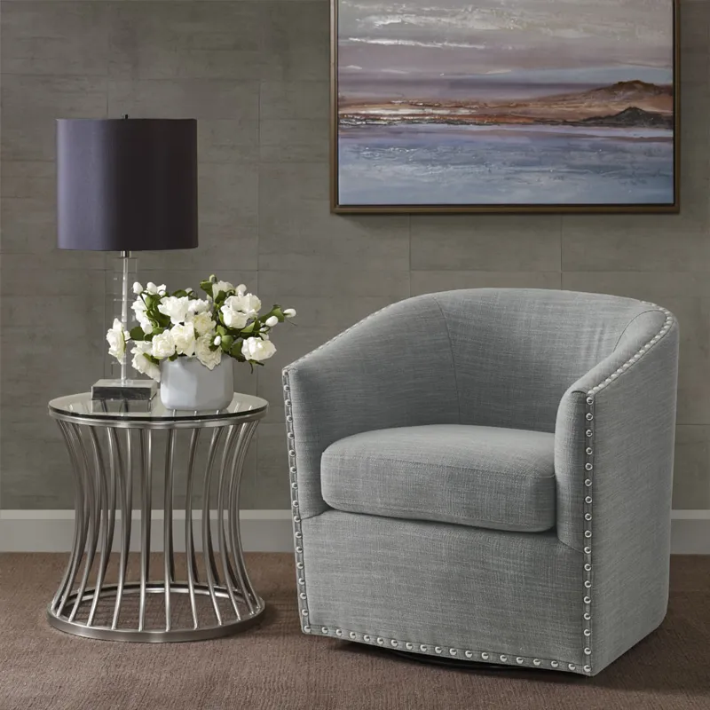 Tyler Upholstered Swivel Barrel Chair with Nailheads - Grey