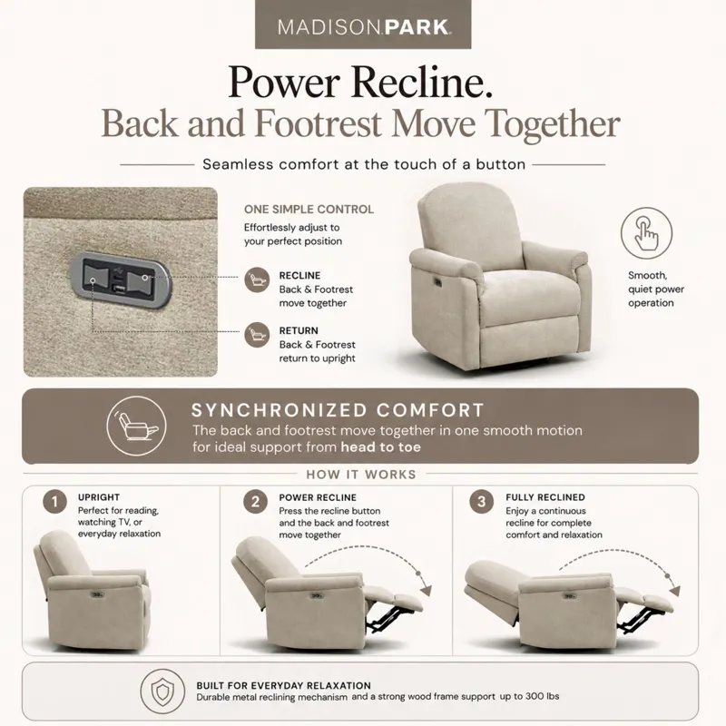 Madison Park Elio Power Recliner 3-in-1 with Swivel, Glider, Charging Station