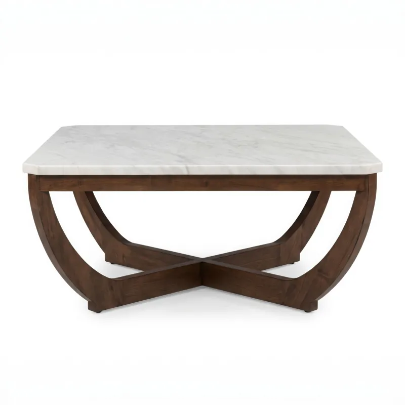 Nicole Miller Calvedra Curve Marble-Look Coffee Table with Curved Walnut Wood Legs - White Marble/Walnut
