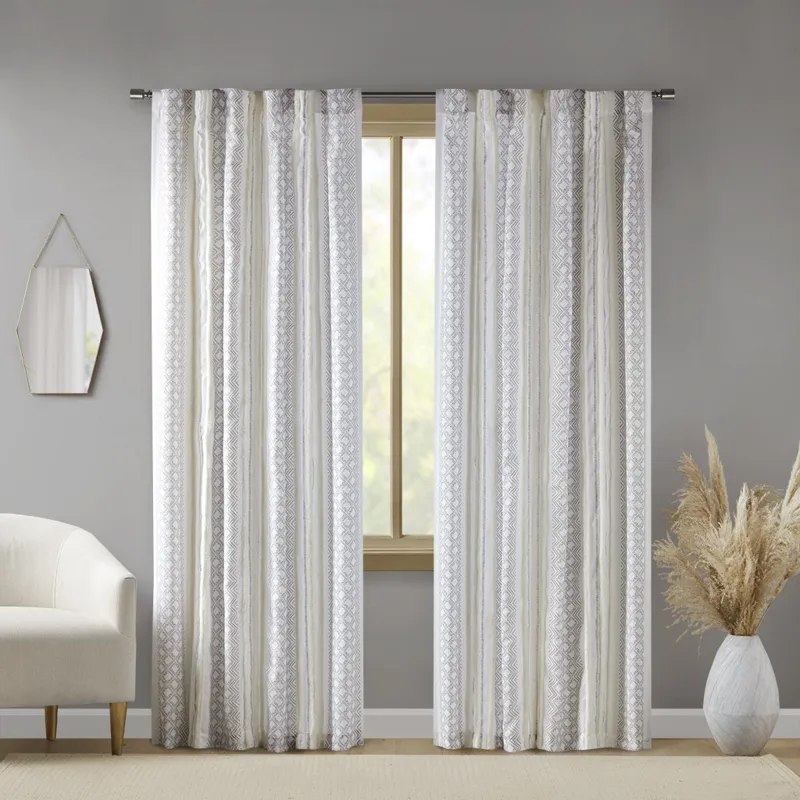 Ebby 2pk Poly Printed Curtain Panel with Tufted Stripe - White/Taupe
