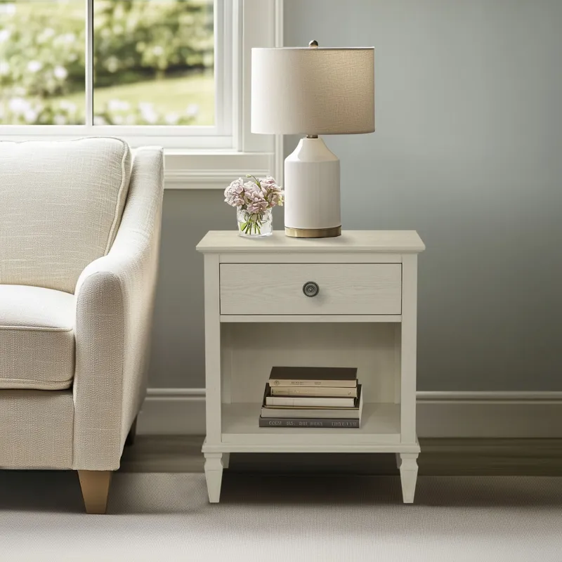 Victoria one-drawer wood nightstand with shelf - Antique Cream