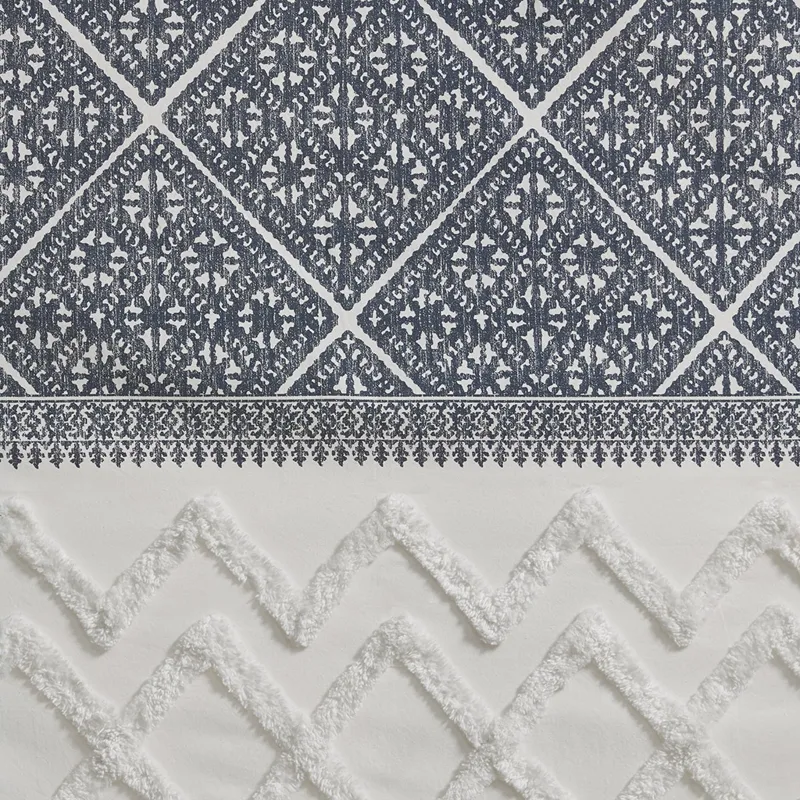 Mila Cotton Printed Curtain Panel with Chenille detail and Lining - Navy