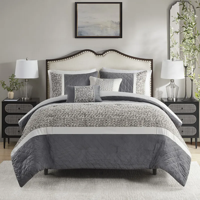 Madison Park Amelia 5 Piece Textured Jacquard Stripe Comforter Set with Throw Pillows - King/California King - Grey