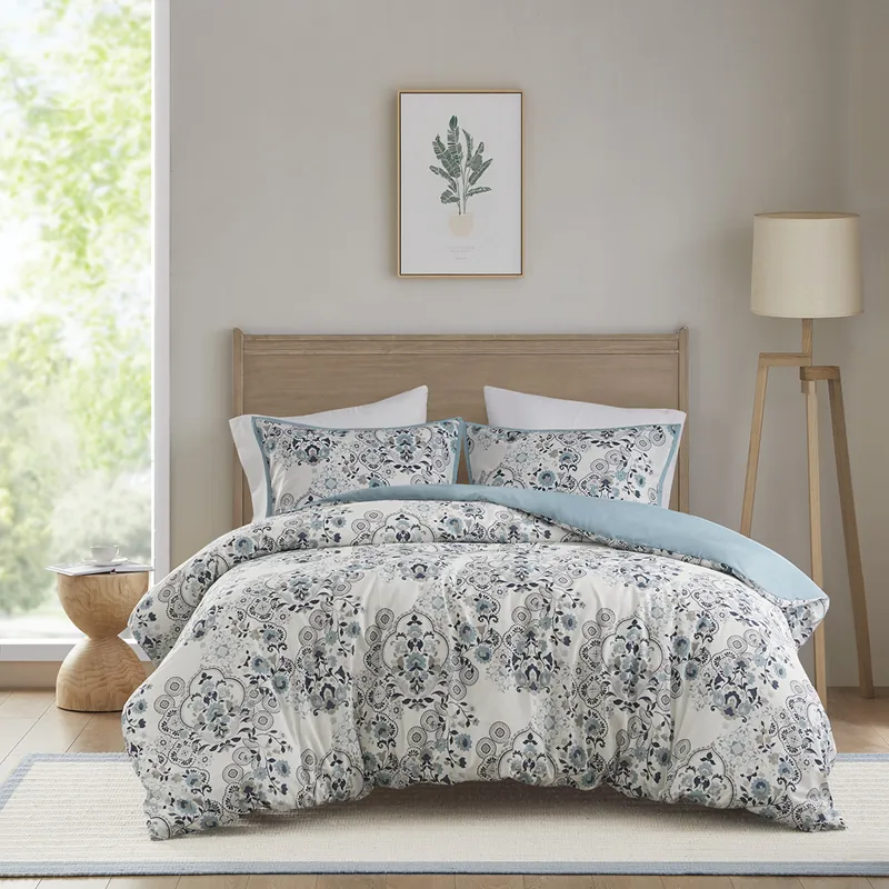 Brielle King/California King 3 Piece Floral Printed Cotton Duvet Cover Set - Blue