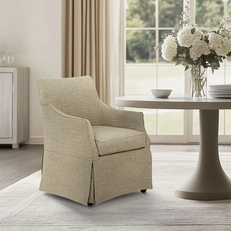 London Upholstered Skirted Dining Arm Chair with Hidden Casters - Beige