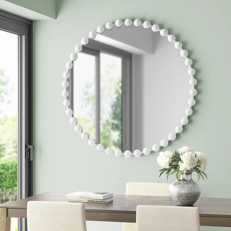 Marlowe Mirror 36\" Large Decorative Round Wall Mirror with Beaded Metal Frame - White