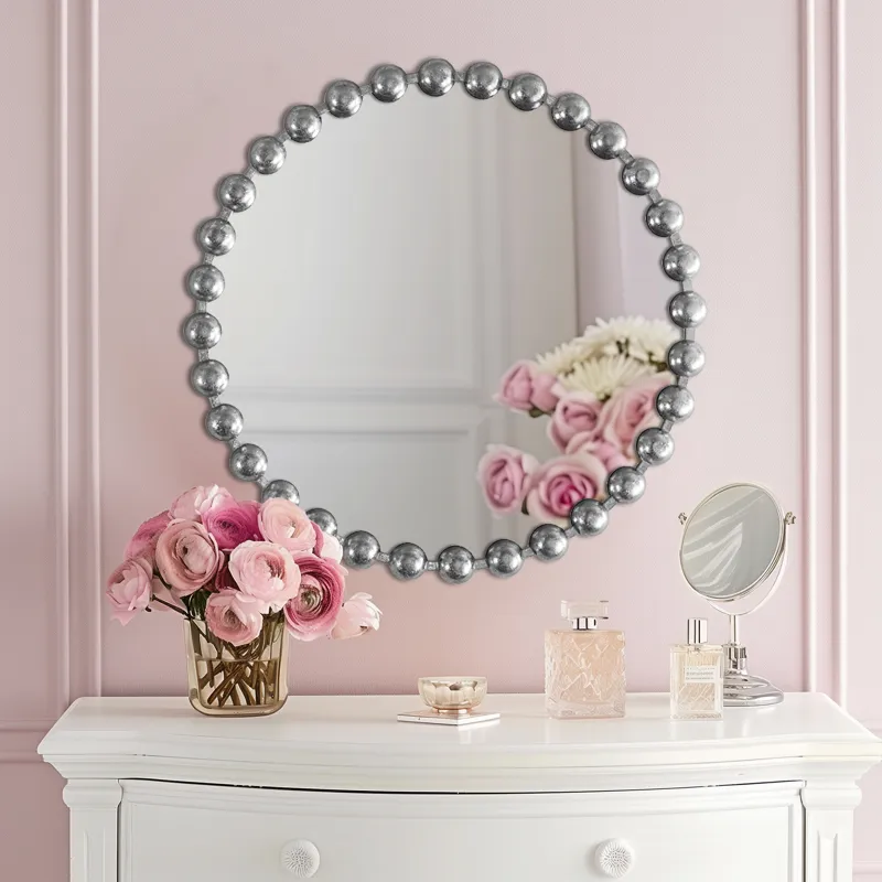 Marlowe 27\" Medium Decorative Round Wall Mirror with Beaded Metal Frame - Silver