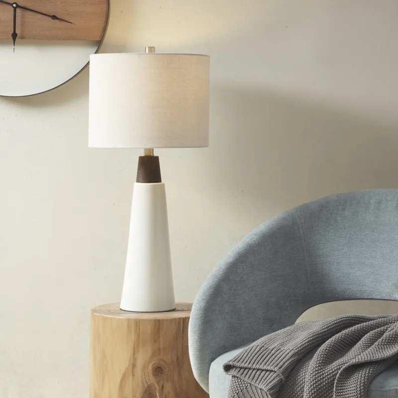 Tristan Triangular Ceramic and Wood Table Lamp - White Base/Cream Shade