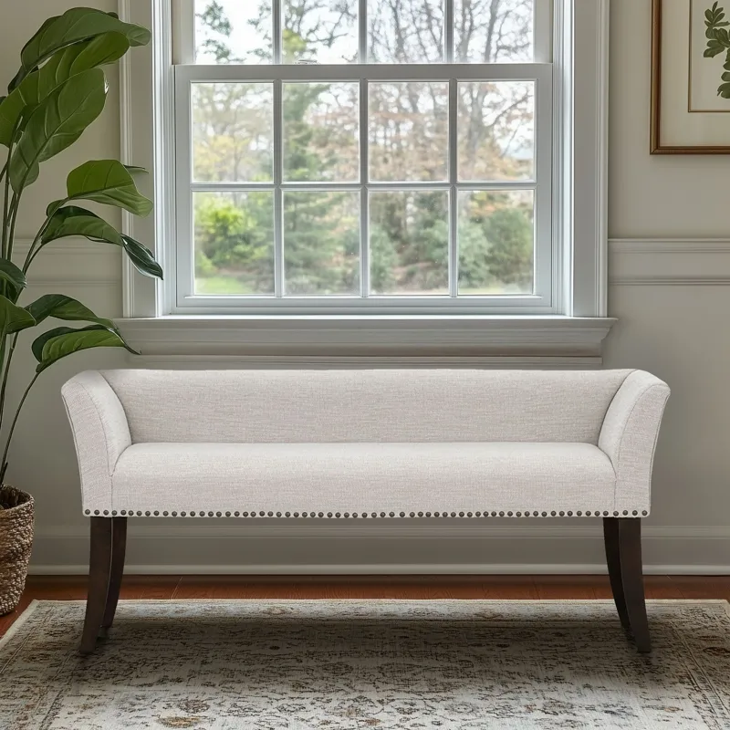 Welburn 49.5\" Upholstered Bench with Back & Wood Legs - Cream