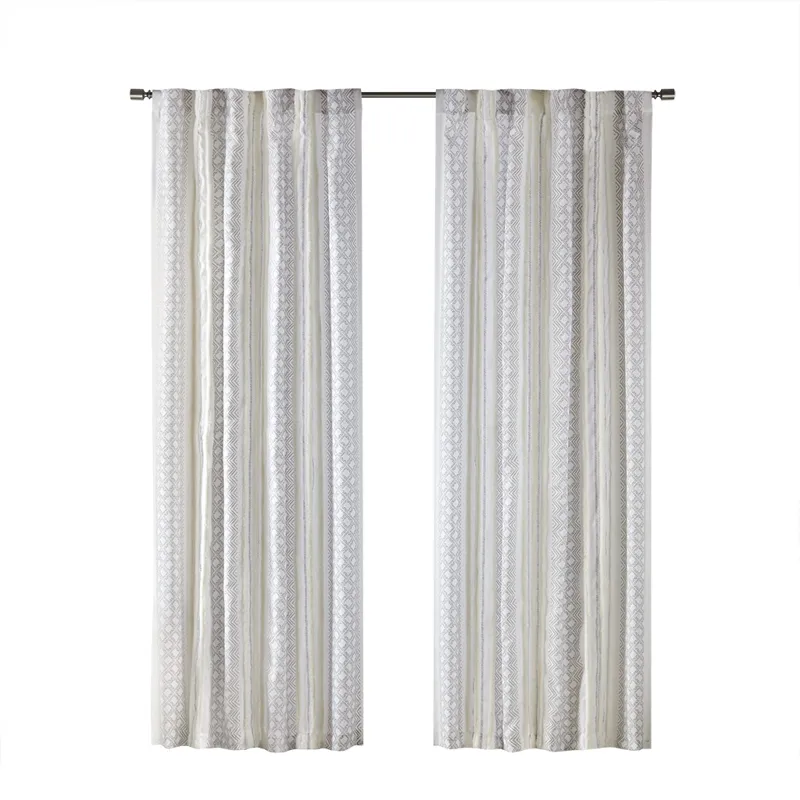 Ebby 2pk Poly Printed Curtain Panel with Tufted Stripe - White/Taupe