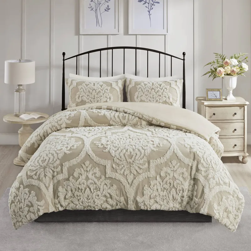Madison Park Viola 3 Piece Tufted Cotton Chenille Damask Duvet Cover Set