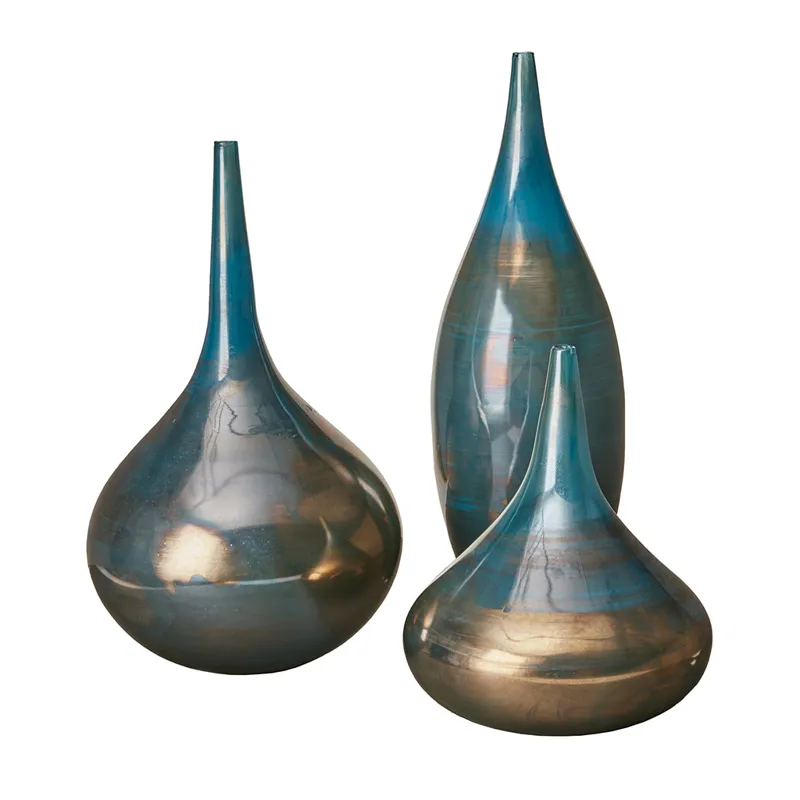 Lucia Blue and Bronze Decorative Glass Vases 3-piece set - Blue Metal