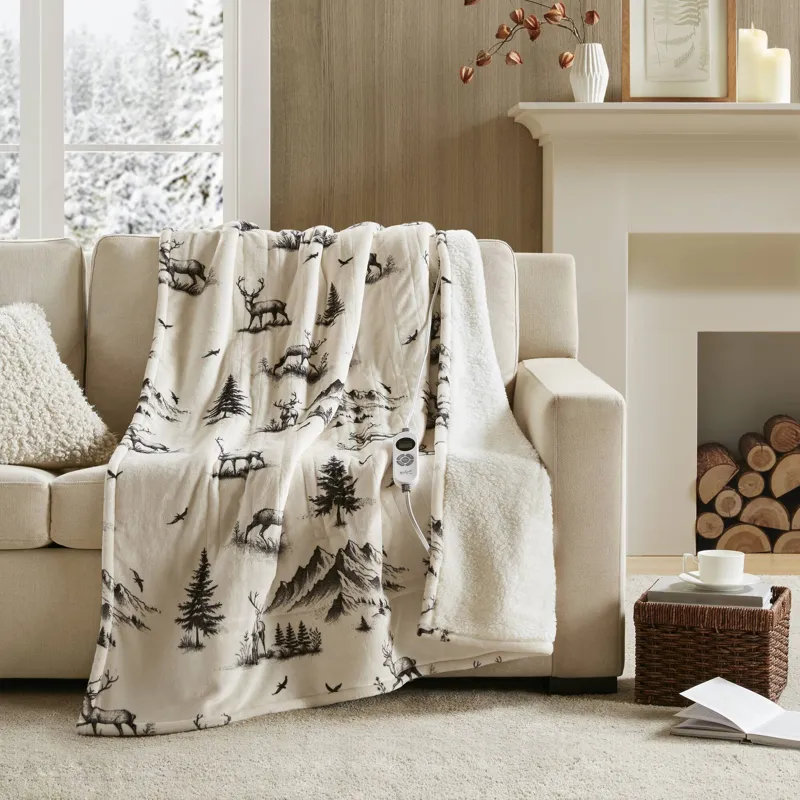 Woolrich Print Plush to Sherpa Heated Throw