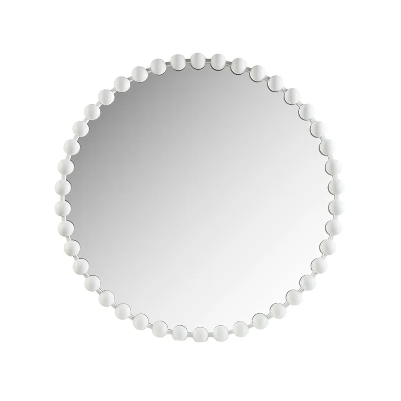 Marlowe Mirror 36\" Large Decorative Round Wall Mirror with Beaded Metal Frame - White