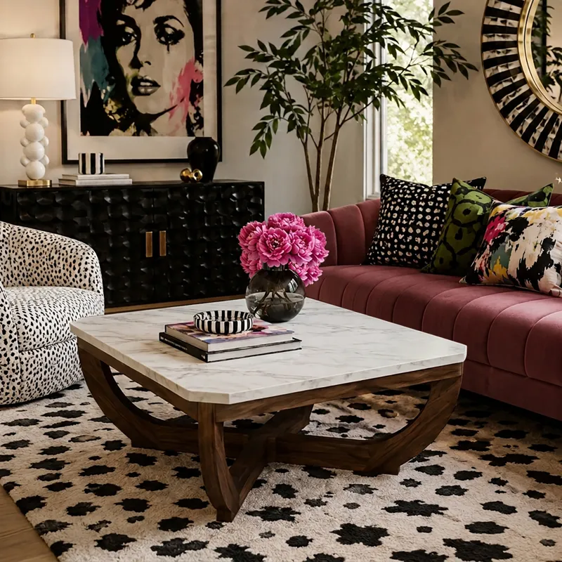 Nicole Miller Calvedra Curve Marble-Look Coffee Table with Curved Walnut Wood Legs - White Marble/Walnut