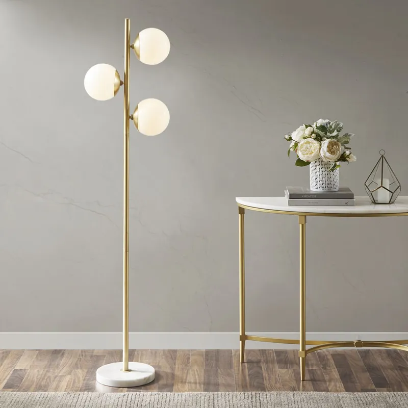 Holloway 3-Globe Light Floor Lamp with Marble Base - White/Gold