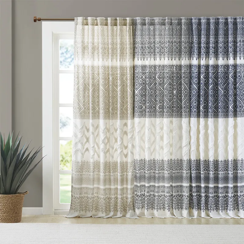 Mila Cotton Printed Curtain Panel with Chenille detail and Lining - Taupe