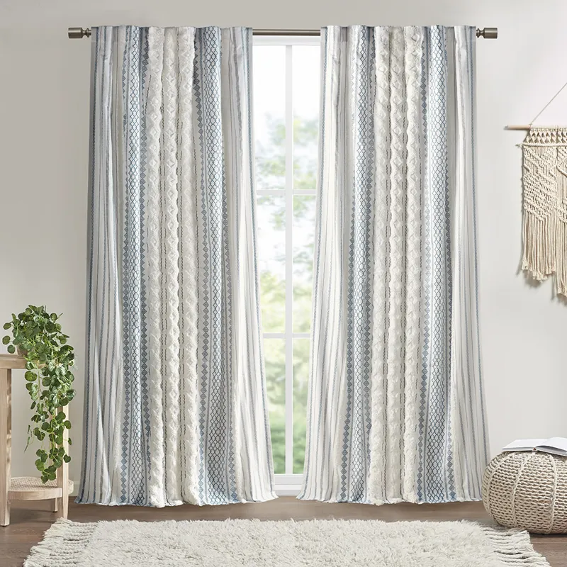 Imani Cotton Printed Curtain Panel with Chenille Stripe and Lining - White/Navy