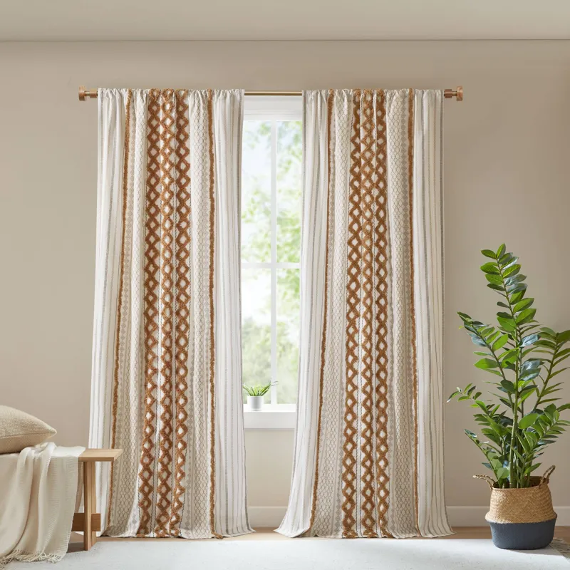 INK+IVY Imani Cotton Printed Curtain Panel with Chenille Stripe and Lining