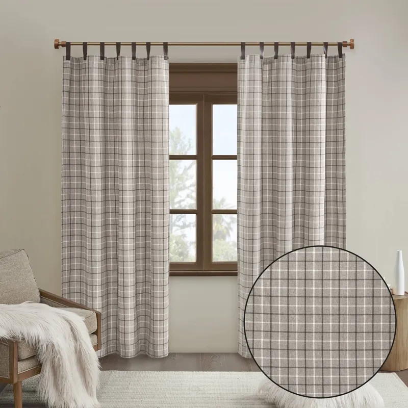 Anaheim Plaid Faux Leather Tab Top Curtain Panel with Fleece Lining - Brown