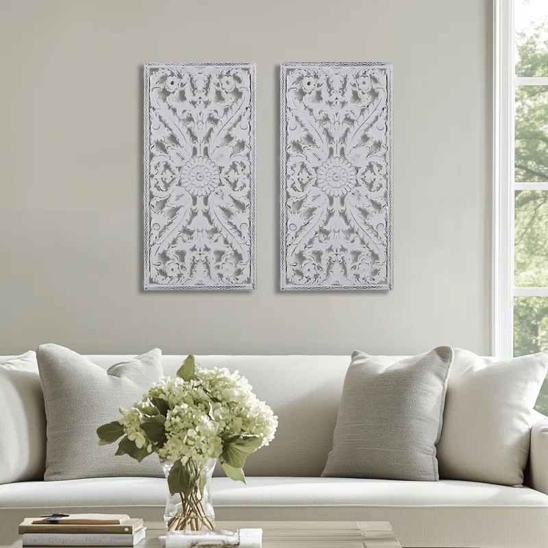 Madison Park Botanical Panel Distressed Carved Wood 2-piece Wall Decor Set