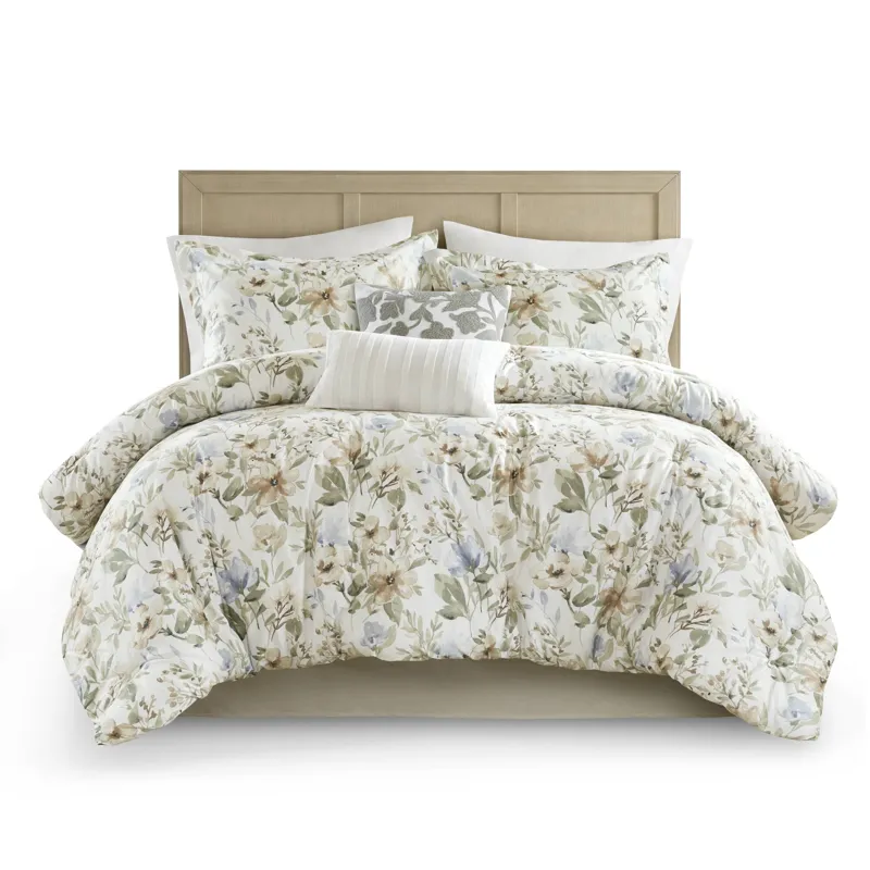 Harbor House Blue Herbal 6 Piece Cotton Sateen Print Oversized Comforter Set