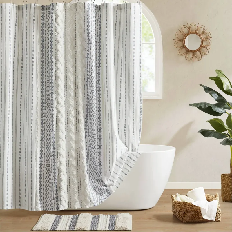INK+IVY Imani Cotton Printed Shower Curtain with Chenille