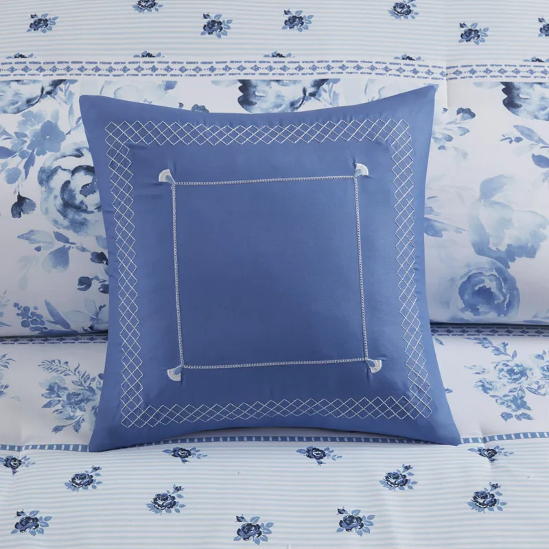 Christa Full/Queen Floral Striped Comforter Set - Blue