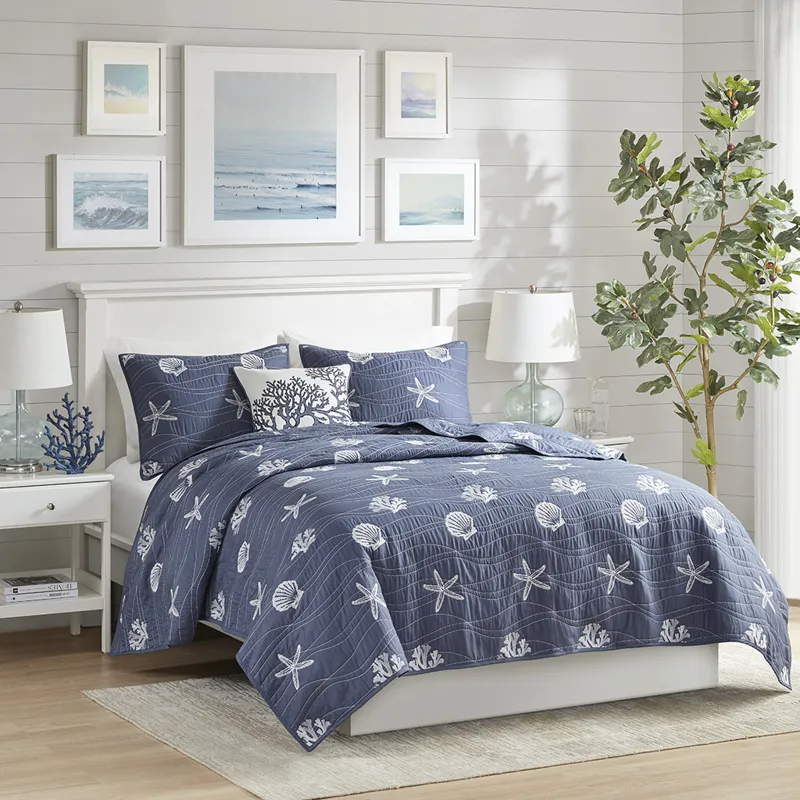Harbor House Blue Seaside 4 Piece Cotton Reversible Embroidered Quilt Set with Throw Pillow